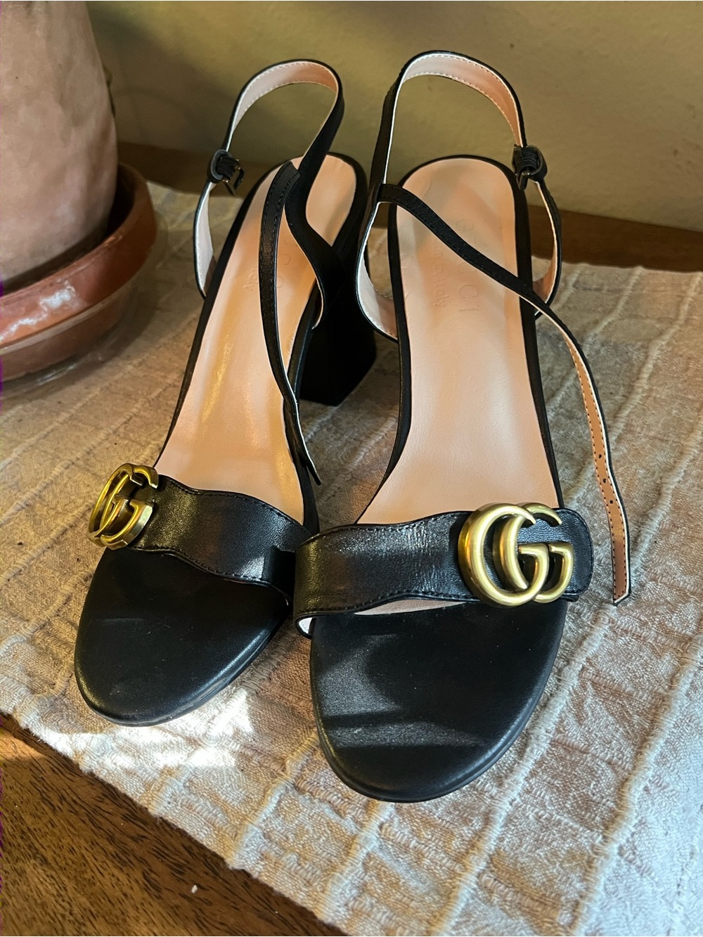 Gucci Black Leather Slingback Heels with Gold GG Accent